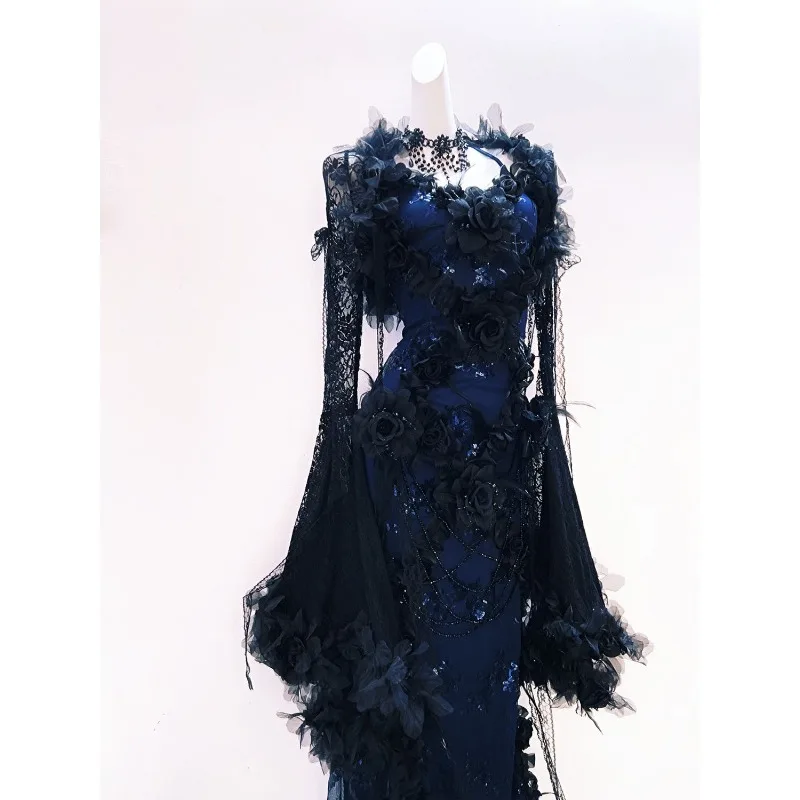 Dark Blue Feather Lace Evening Gown Set Vintage Gothic Formal Dress with Flared Sleeve Cape Women Party Prom Costume