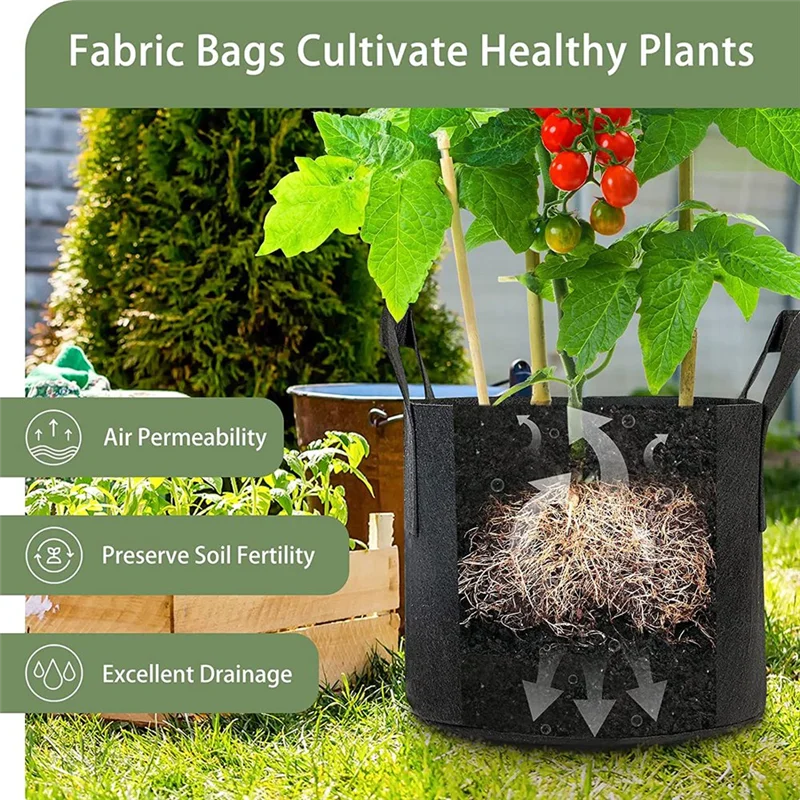 Bolsa de fieltro para plantas, paquete de 12 bolsas de cultivo de 5 galones, bolsas para maceteros de tela gruesa para verduras, asas resistentes y costuras reforzadas