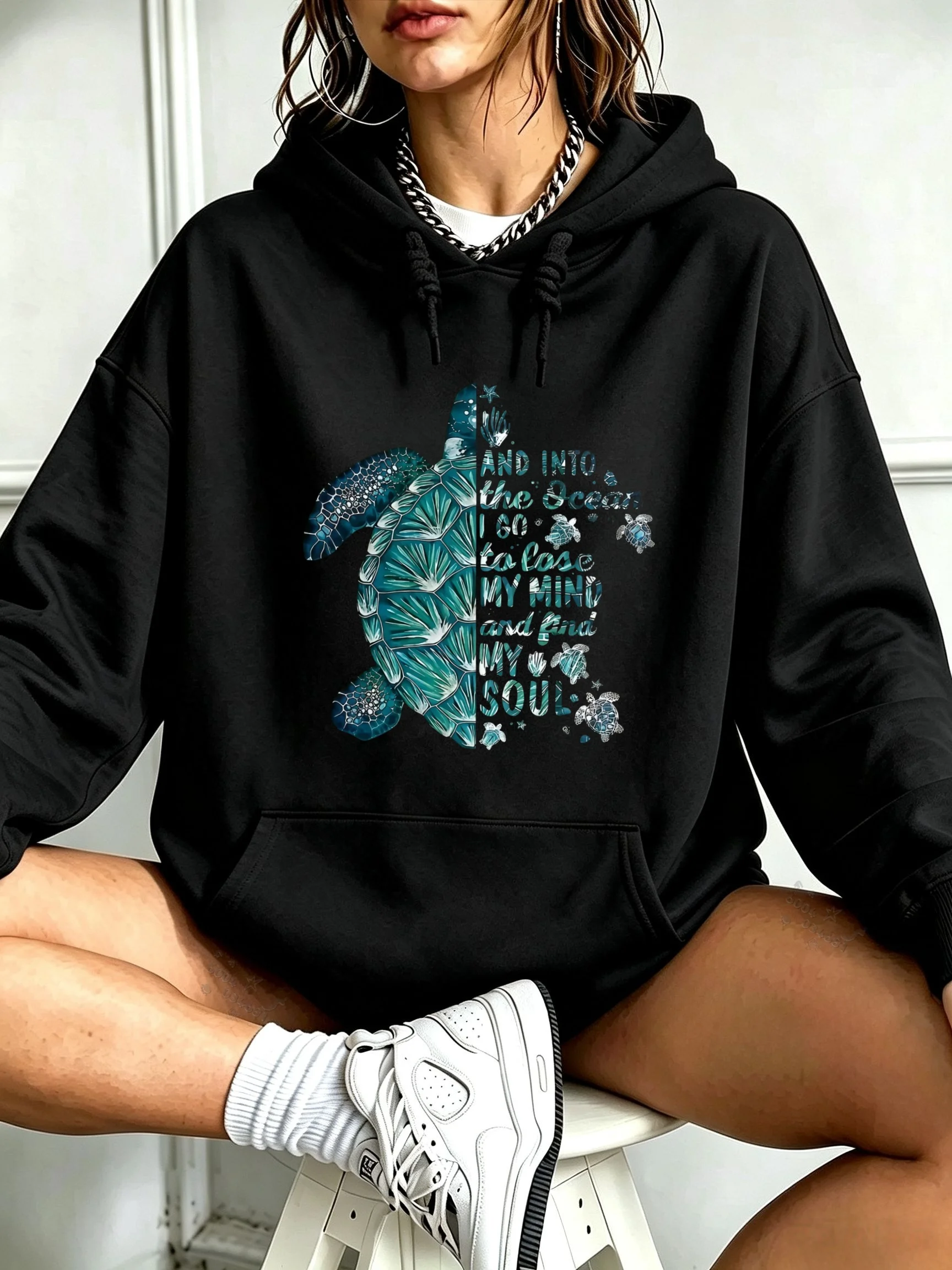 Autumn and Winter Ocean Soul Turtle Pattern Hooded Sweatshirt Loose Long-Sleeved Street Fashion Couple Hoodie Top