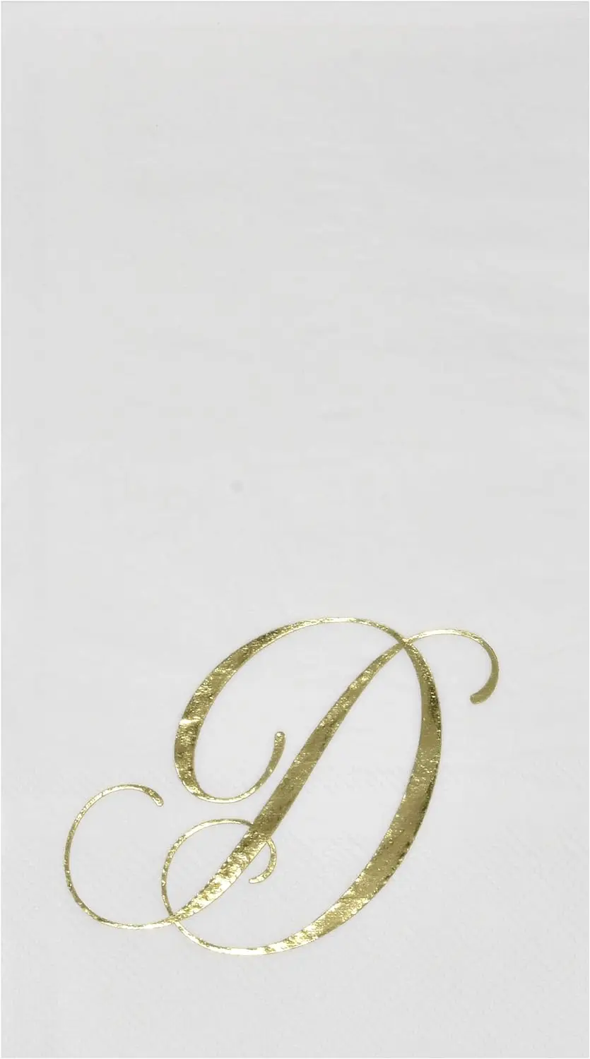 Disposable Paper Pack of 100 Gold Monogram Guest Napkins, Letter D, Elegant, Metallic, Golden Foil, Dinner, Hand Napkins