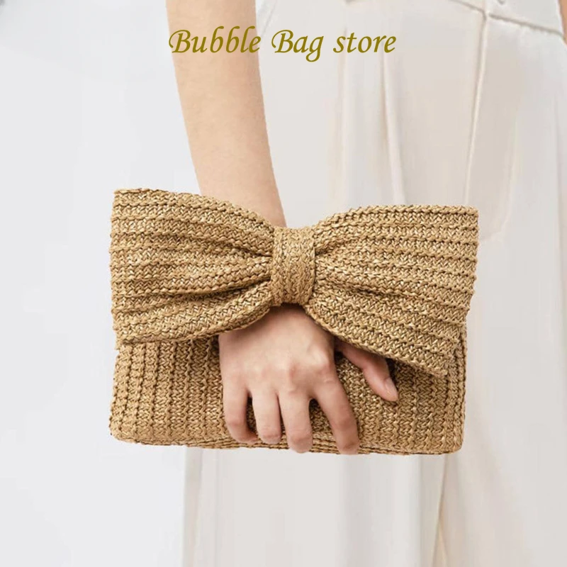 

2024 New Summer Clutch Bag Bow Straw Bag Woven Wrist Bag Women's Beach