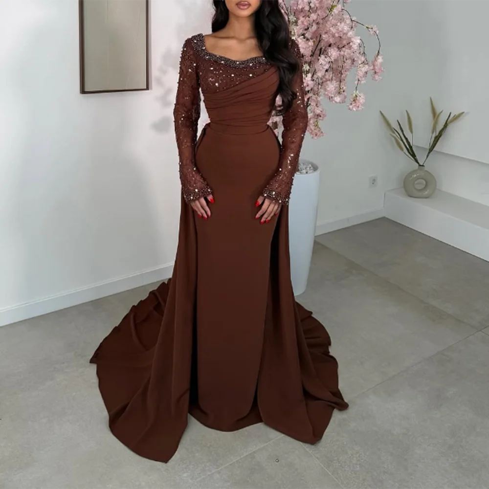 Vestidos de Noche de sirena con cuello en V personalizados, cuentas de lentejuelas, manga completa, tren desmontable, vestido de fiesta largo sin espalda