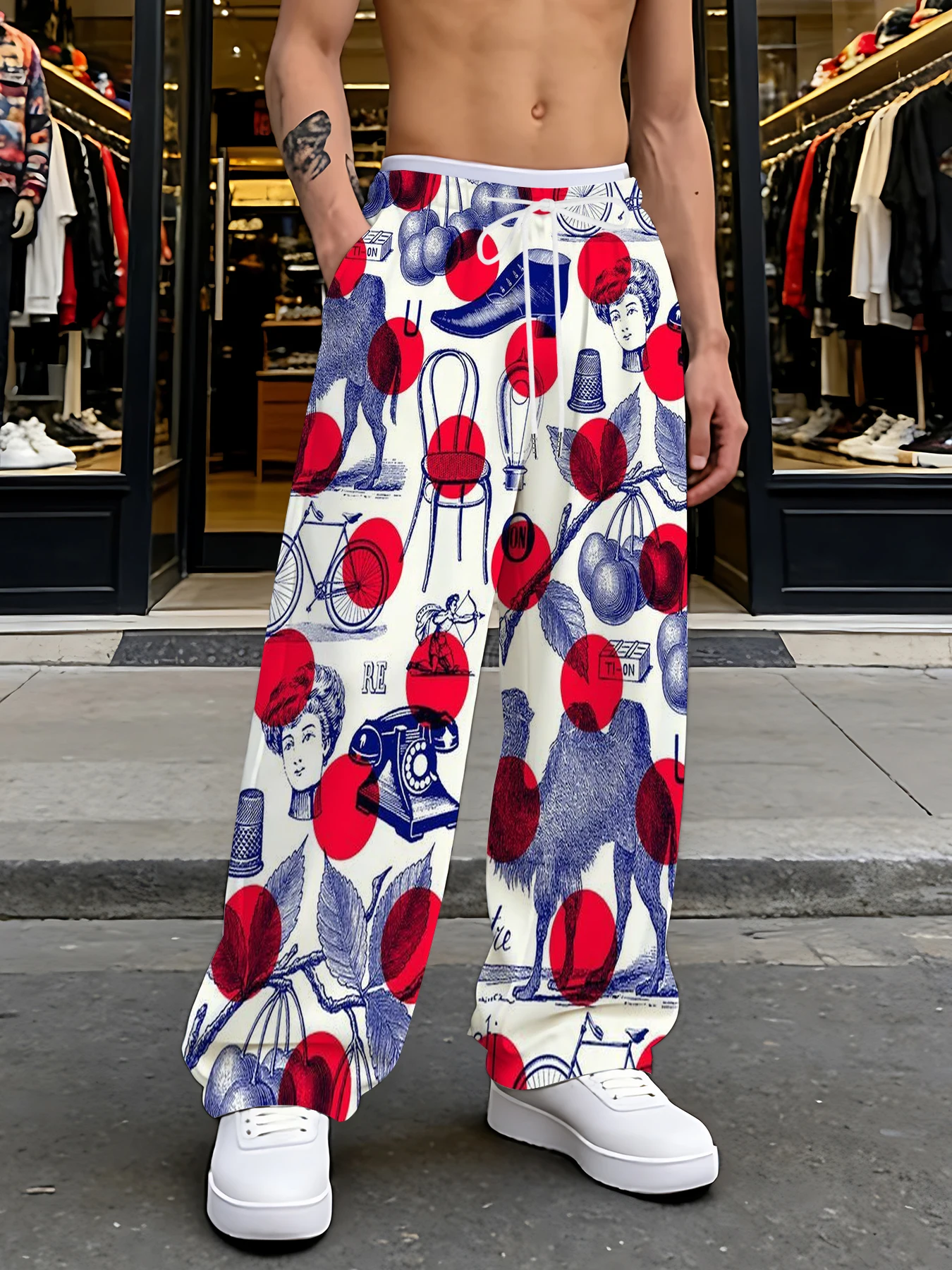 

2026 Men's Printed Straight Leg Pants Drawstring Waist Loose Fit Casual Summer Beach Wear Fashion Trendy Trousers