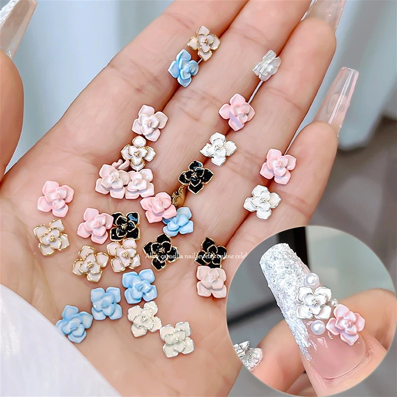 

3D Double Layer Pink White Blue Camellia Alloy Nail Art Jewelry Decorations Retro Metal Flowers Manicure Accessories Wholesale