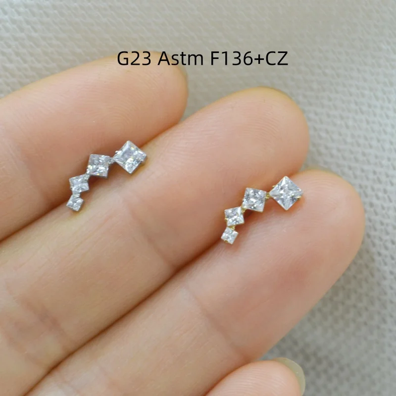 

10pcs 16G G23 Titanium Piercing Jewelry Square CZ Lip Labret Bar Ear Helix Tragus Rook Barbells Stud