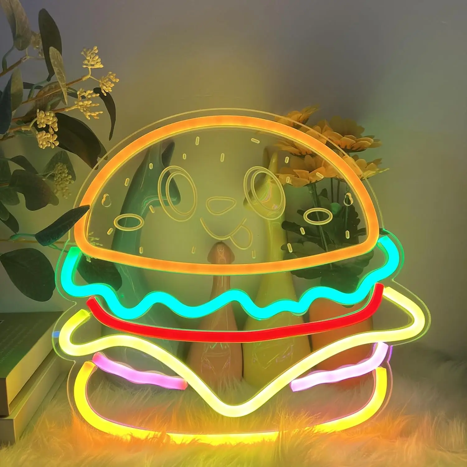 Hamburger Neon Sign Smiling Face Design LED Neon Light for Wall Decor USB Powered for Home Restauran Burger Shop Bar Decoration