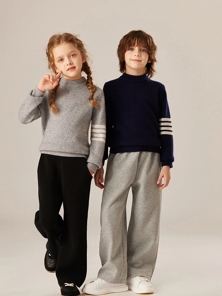 

100% Cashmere Sweater Kids Striped Sleeve Pullover Children's Autumn Winter Tops Girls Boys Knitwear Mock Neck Thicken Clothing
