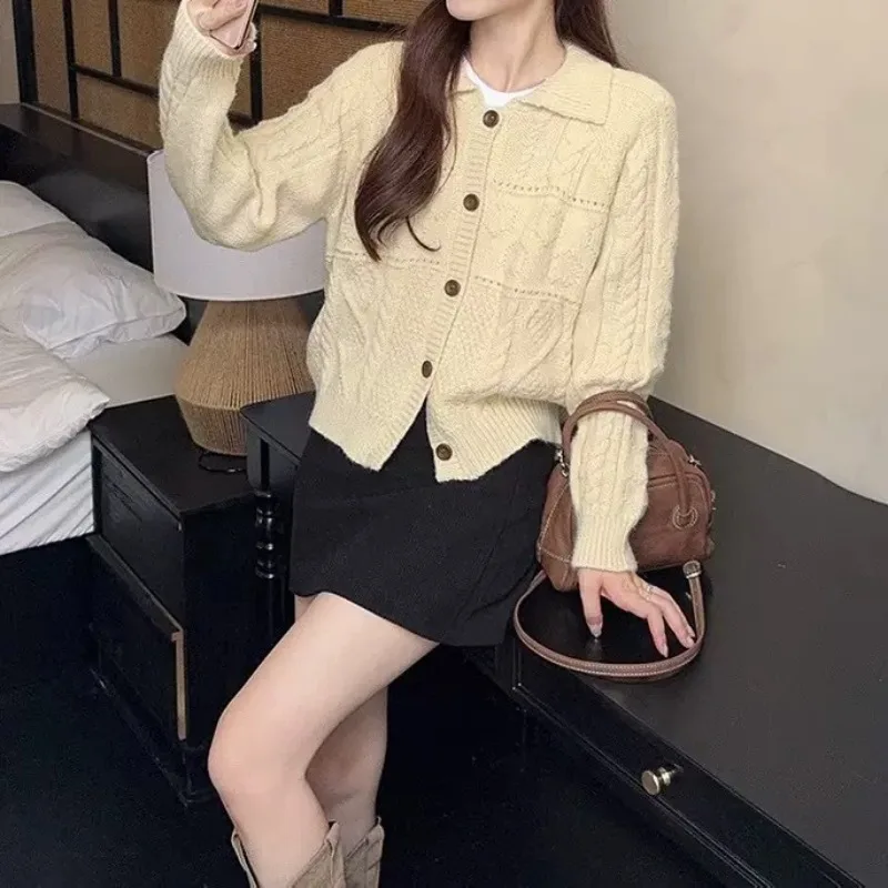 

Осенне-зимний корейский вязаный кардиган на пуговицах, однотонный свободный свитер с длинными рукавами и лацканами для женщин