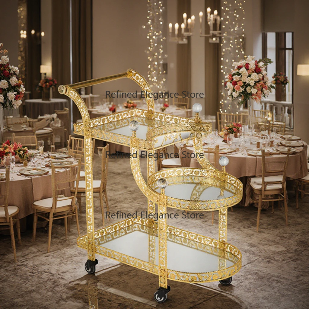 

Hotel Dining Cart Metal Handcart Party 3-layer Golden Wedding Dining Liquor Trolley
