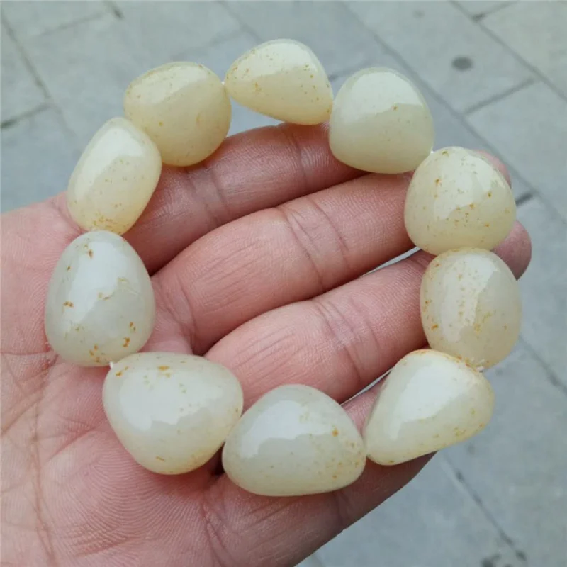 Hetian White Jade Rough Stone Bracelet with Shape as Right as Rain Beads