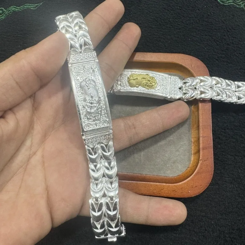 Vintage Silver Plated Pi Xiu Whip Bracelet for Men, Gold & Silver, Antique Finish Chinese Double Woven Chain Hand Jewelry