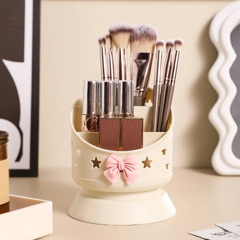 

Multi-Grid Makeup Brush Holder Organizer with Adorable Bow Design Large Capacity Desktop Storage Box for Lipsticks Eyeliners