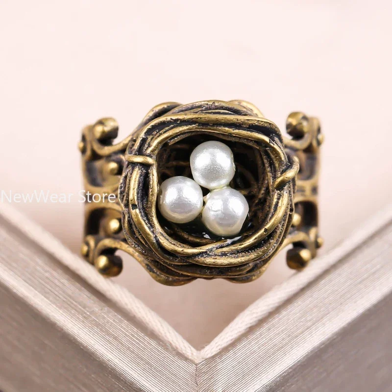 New Fashion Vintage Bird Nest Pearl Ring Love for Women Girls Engagement Anniversary Birthday Gifts Party Jewelry