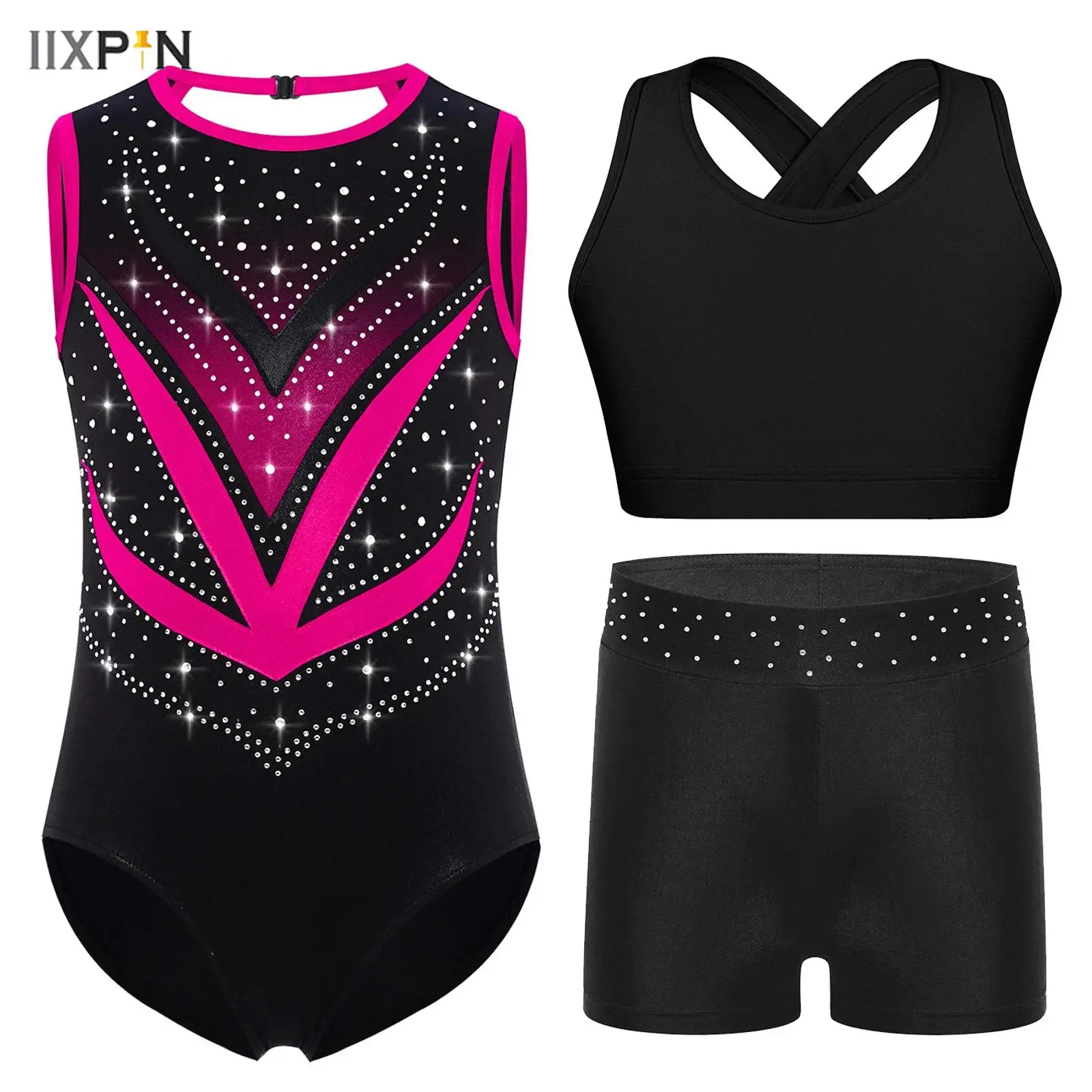 

3Pcs/Set Kids Girls Gymnastics Figure Skating Outfit Shiny Rhinestones Crisscross Cutout Back Mesh Patchwork Leotard+Vest+Shorts