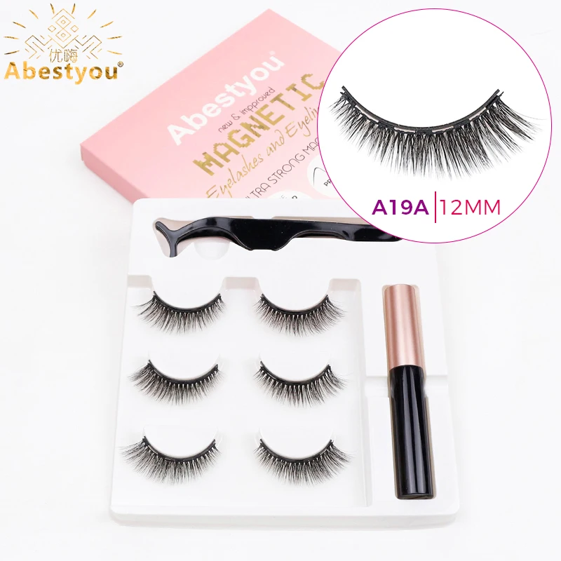 Abestyou 3 Pairs 5Magnets Makeup Cat Eye False Mink Eyelashes Bulk Items Wholesale Natural Fox-eye Magnetic Lashes Eyeliner Set