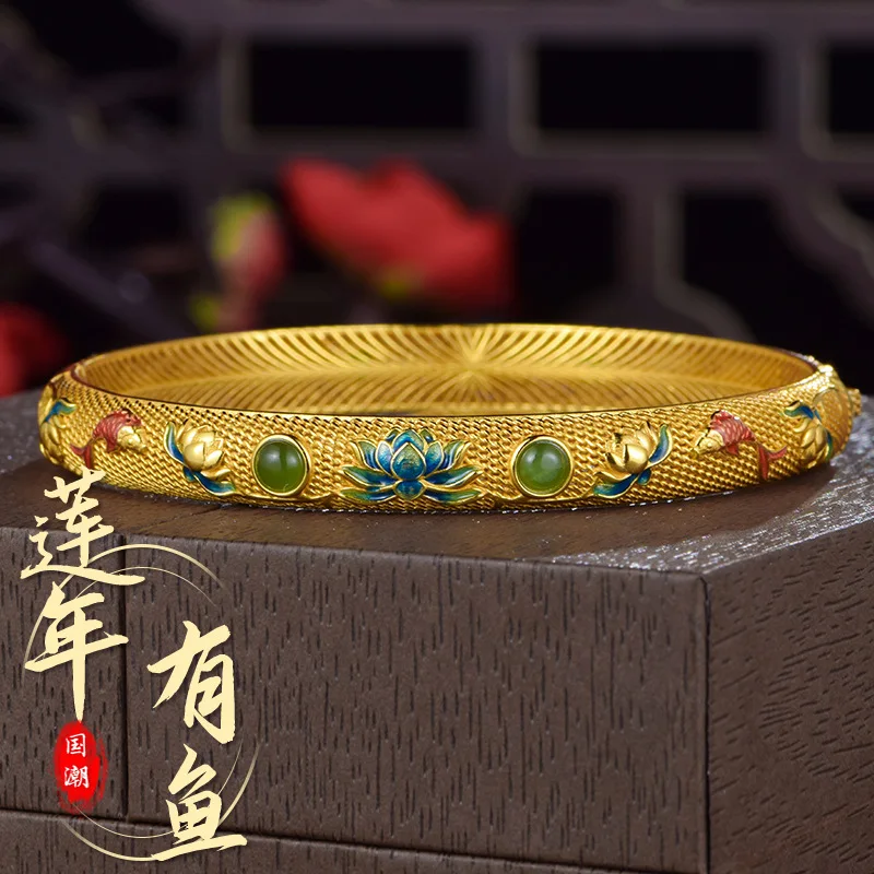 S925 Silver Inlaid Natural Hetian Jade Filigree Bracelet Enamel Jewelry