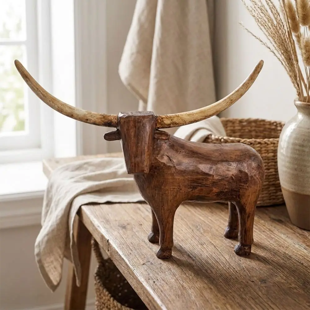 Vintage Style Longhorn Bull Sculpture Rustic Rugged Resin Bull Tabletop Statue Western Style Handcrafted Distressed Animal Decor