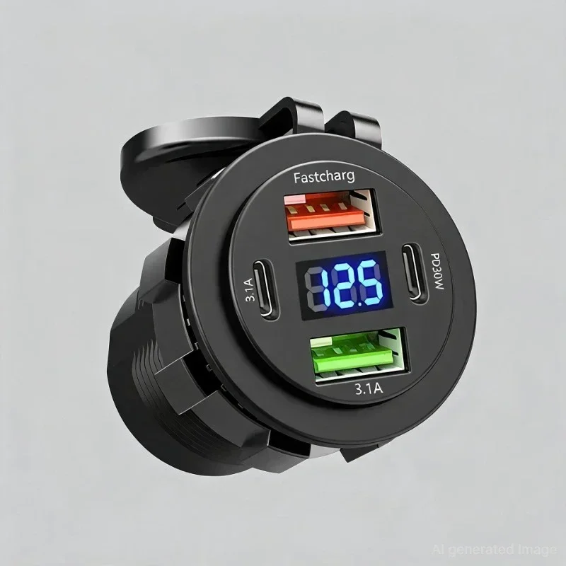Presa per caricabatterie da auto con doppia porta Type-C e doppia porta USB, 4 porte, ricarica rapida, impermeabile, con voltmetro, 12V/24V, per auto, barca e moto, modello 2028.