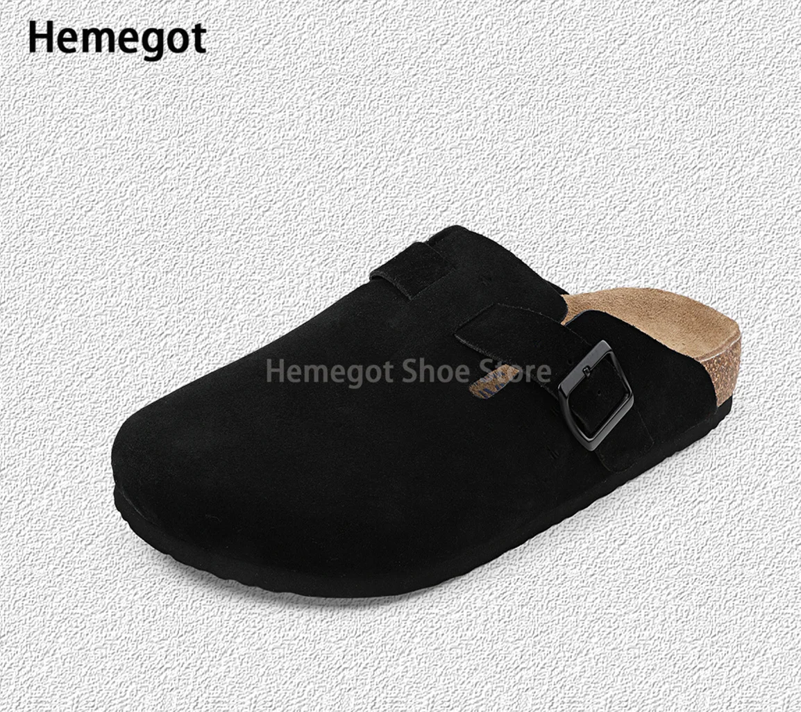 Black Suede Covered Toe Slippers for Men Cork Soled Slippers Commuter Half Tow Men's Leather Shoes Casual Driving Mules Shoes