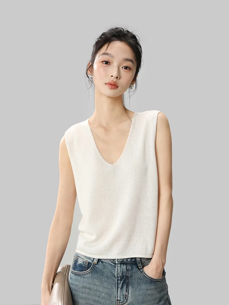 

Qing Ya i Loose Sensation Ceiling! Linen V-ne Knitted Vest Airy Feel New Arrival Women's Casual Sle Regular Fit