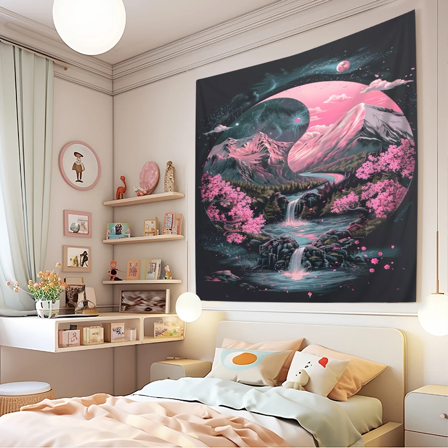 1PC Digital Printed Tapestry Wall Hanging, Yin Yang Mountain Cherry Waterfall, Oriental Zen Landscape Wall Art Decor