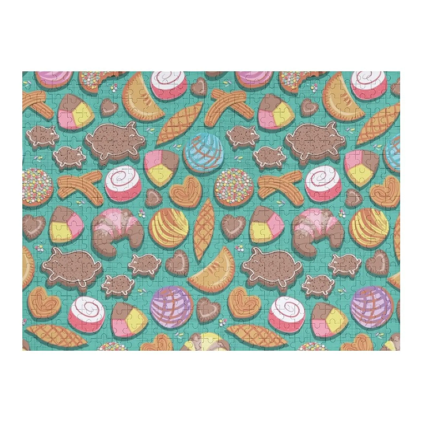 

Mexican Sweet Bakery Frenzy // teal background // pastel colors pan dulce Jigsaw Puzzle Wooden Decor Paintings Puzzle
