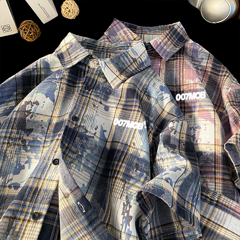 Men's Trendy Lazy Plaid Printed Shirt Japanese Vintage Youthful Check Shirt Button Down Half Sleeved Shirts Letter Printed Tops