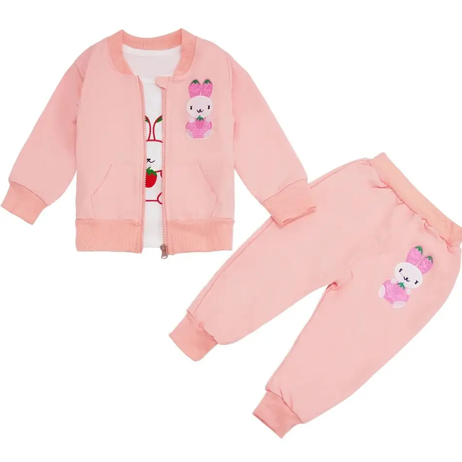 2024 Baby Girl Cartoon Rabbit Thin Cotton Autumn Spring Jacket Coat+Top+Pants Clothing 3PCS Set Children Kids Warm Clothes Suits