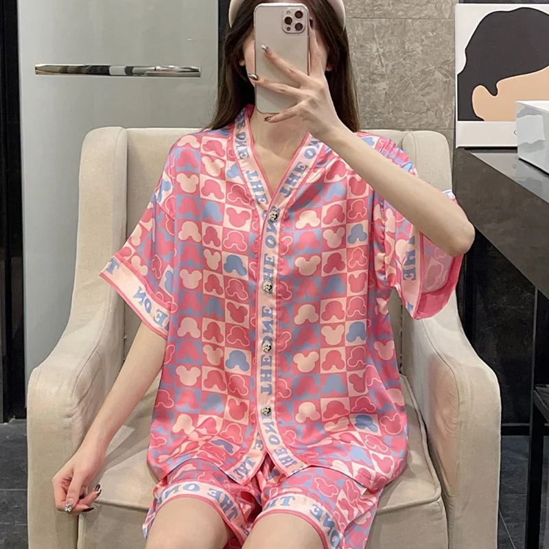 Ice Silk Sweet Pink Pajamas Women Thin Summer Short-sleeved Long Pants Pajamas Homewear Two-piece Silk Pajamas for Women Kawaii