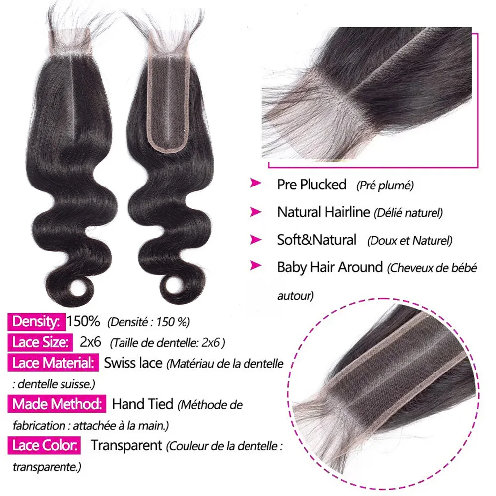 حزم موجة الجسم مع إغلاق الشعر البشري مع 2x6 الدانتيل إغلاق الشعر التمديد 3/4 حزم مع إغلاق للنساء التسليم 3 أيام #5