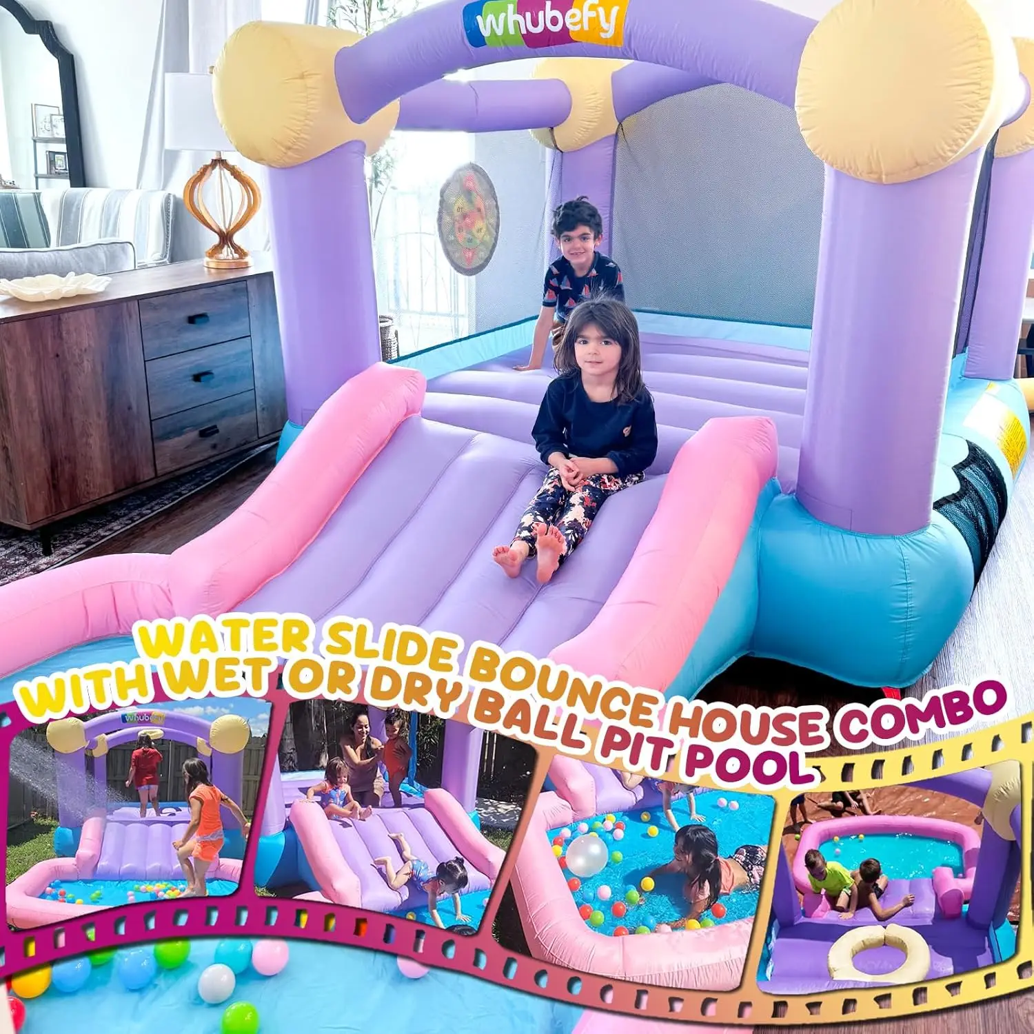Aufblasbares Hüpfhaus für Kinder von 3 bis 6 Jahren mit Wasserrutsche, Bällebadbecken und 50 Ozeanbällen, 5-in-1-Hüpfburg mit 6 klebrigen Bällen-Dart