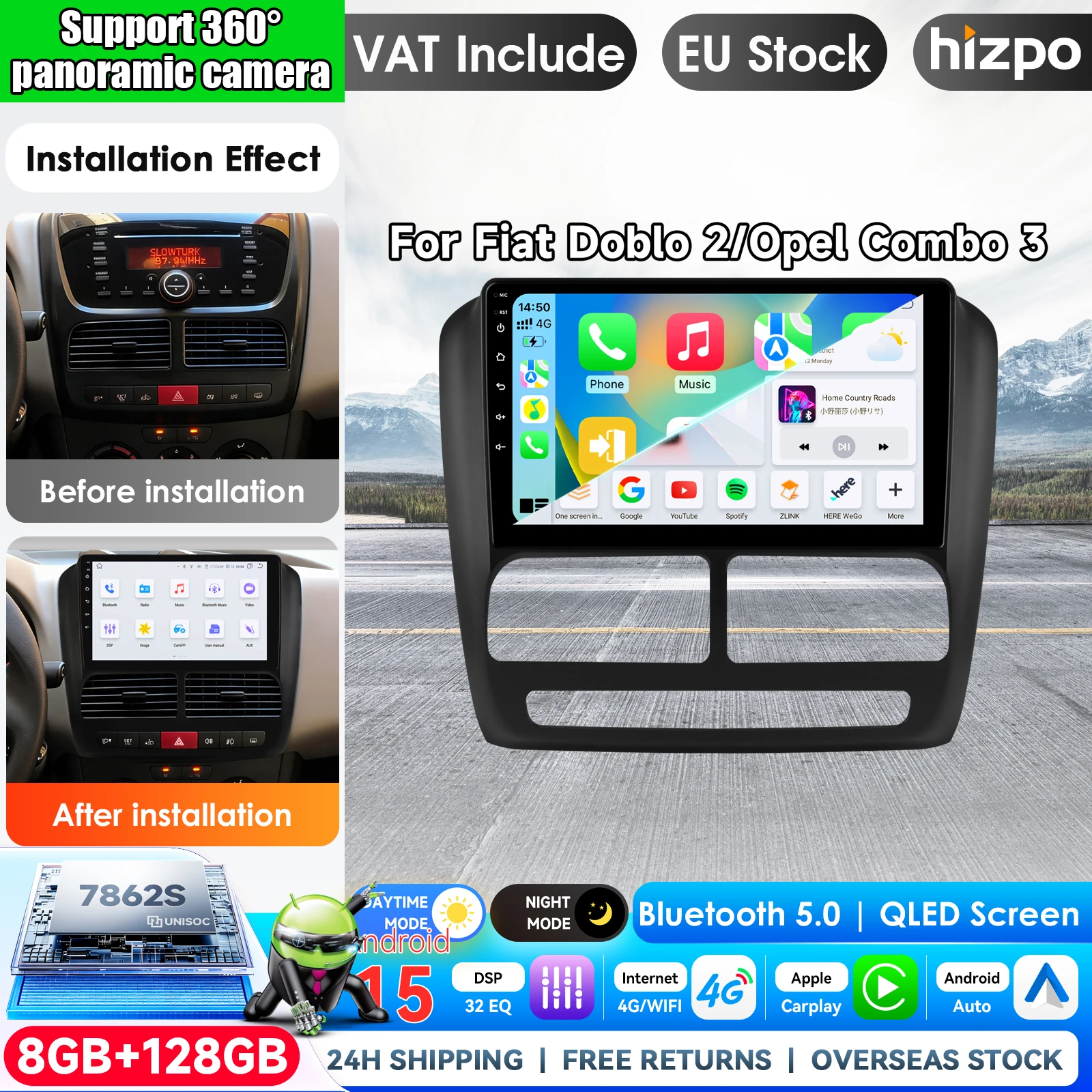 Android-Autoradio mit Carplay-Funktion für FIAT DOBLO 2010–2012, 2013, 2014, 2015 und Opel COMBO 2011–2018, Multimedia-Player, 4G-Stereoanlage, 2-DIN-Gerät mit Apple CarPlay, intelligentes System,
