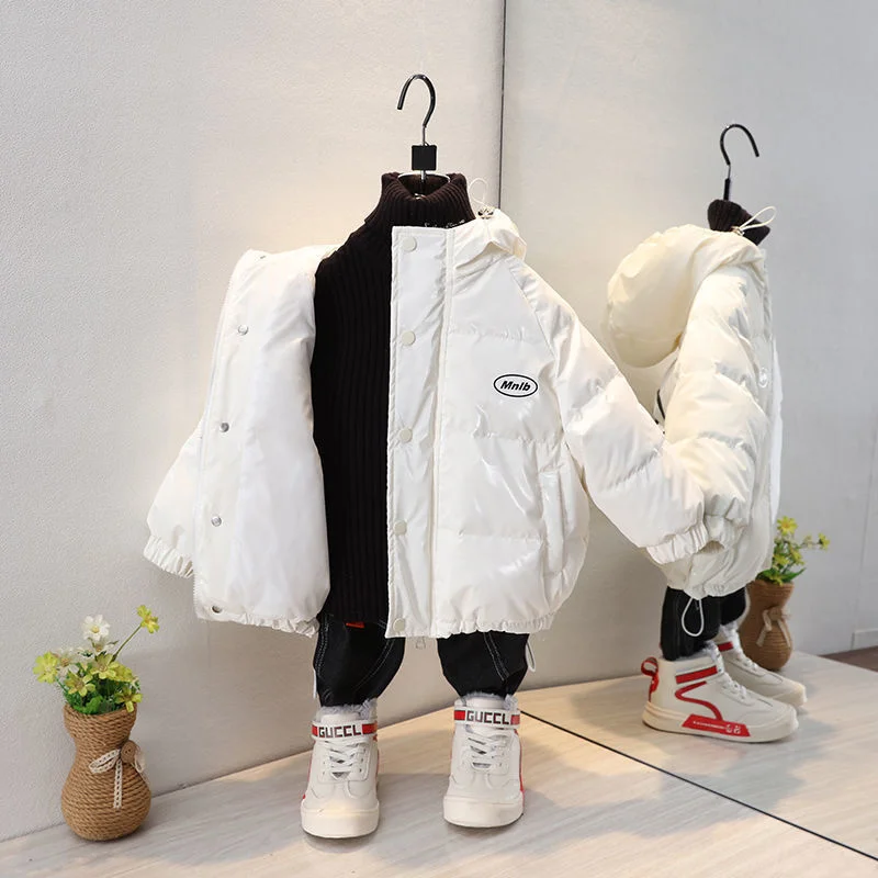 Fashion New Girl Boy Outerwear Winter Warm Thicken Down Jackets Baby Shiny Letter Print Coats Kids Clothing Hooded Padded Jacket