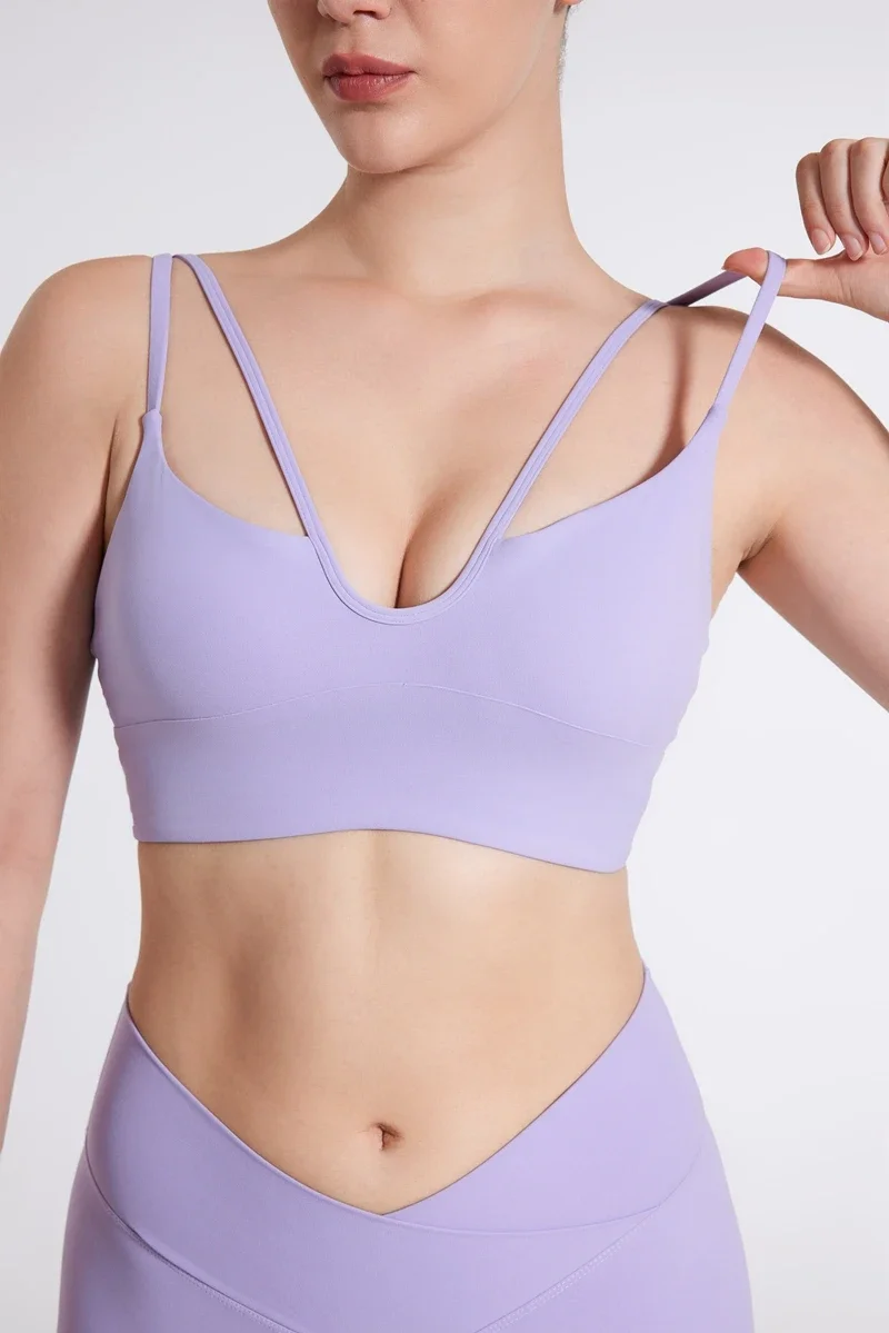 Women's Double Thin Shoulder Strap Yoga Vest with Chest Mat Sports Underwear V-neck Fitness Bra Yoga Back Beauty