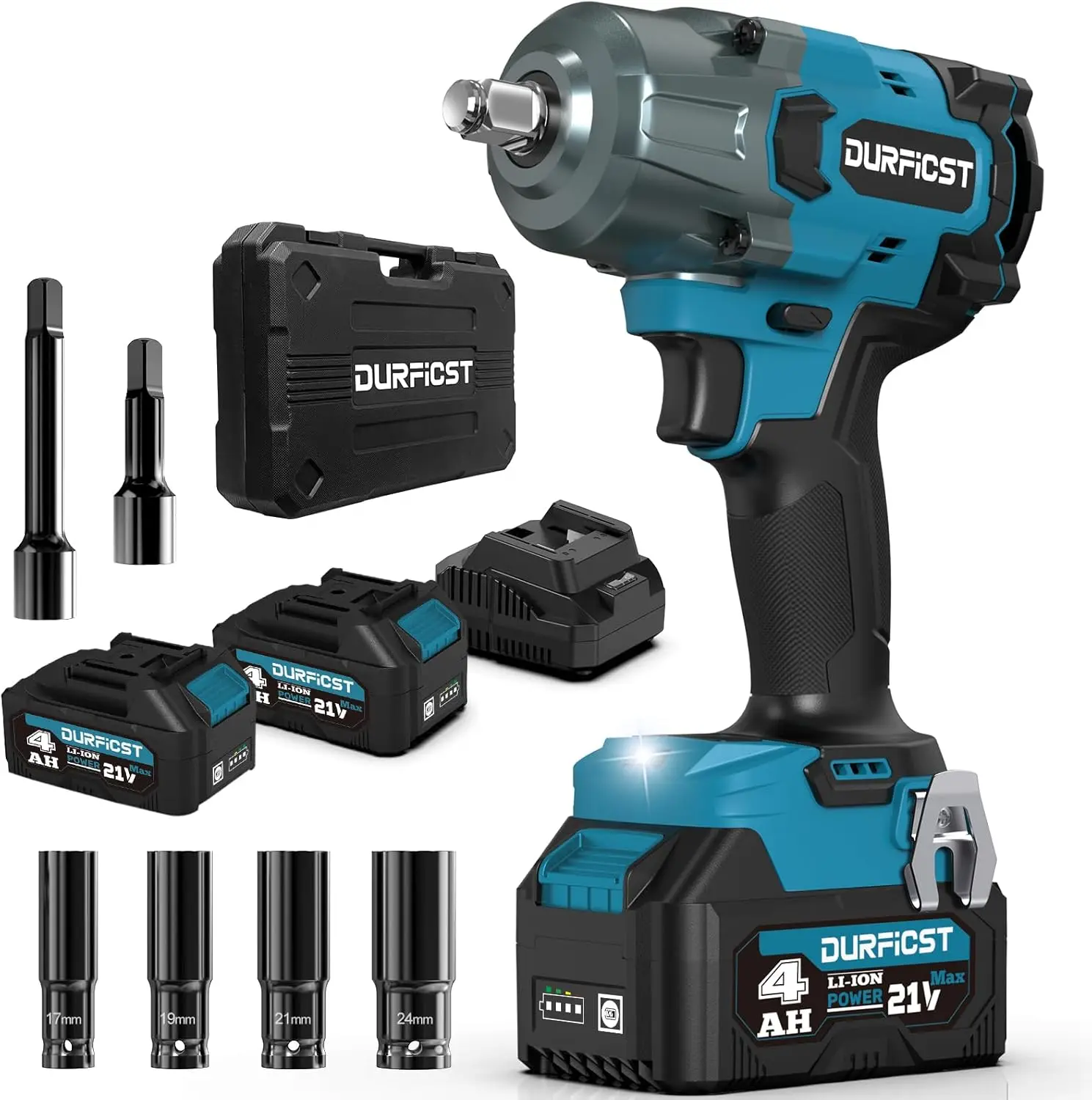 

1000N.m (740ft-lbs) Cordless Impact Wrench, 1/2" High Torque Impact Wrench with 2x 4.0AH Battery, Quick Charger, 4 Sockets & 2 E