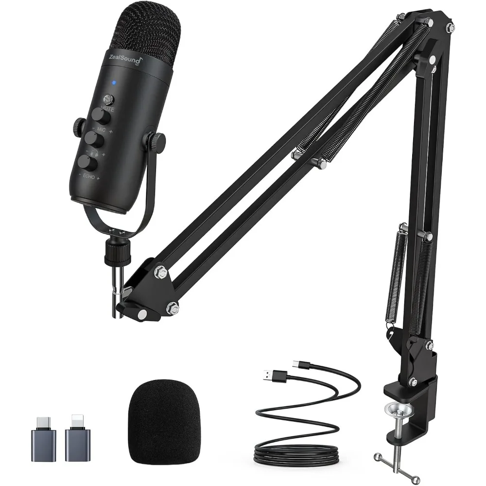Noise Reduction Mic with Boom Arm, Mute, Echo/Volume, Zero-Latency, PC/Mac/iOS/Android Compatible
