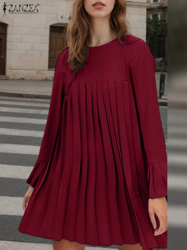 ZANZEA Langarm Einfarbig Plissee Kleid O Neck Pendeln Casual frauen Kurze Roben Femme Mode 2025, Frühling Mini Vestidos