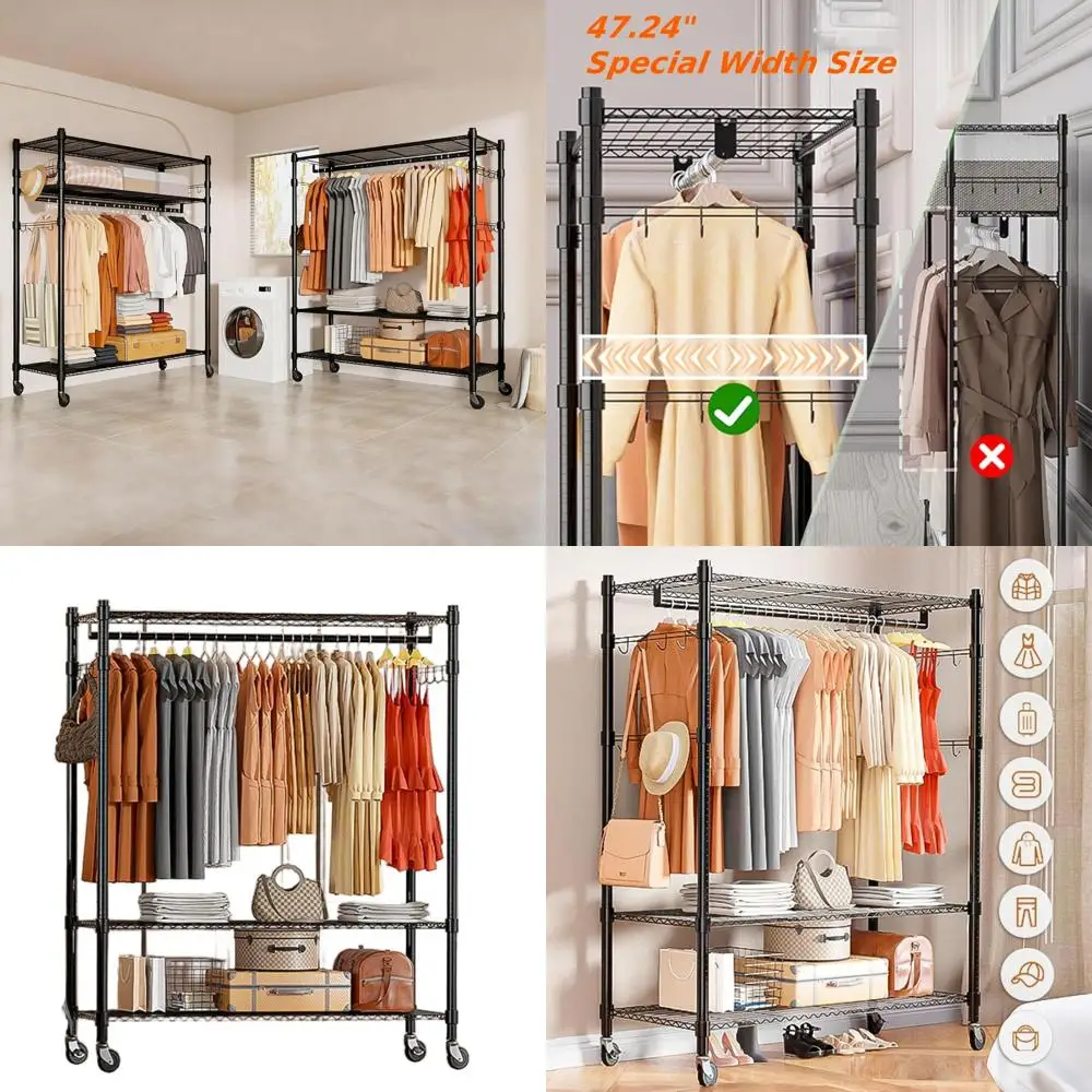 

Большая усиленная 3-ярусная проволочная стеллажная система для одежды с перекладиной для вешалок, колесами и боковыми крючками, черная