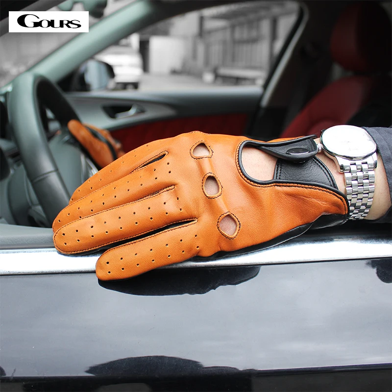 Gours Spring Men\'s Genuine Leather Gloves High Quality Fashion Black Driving Unlined Goatskin Finger Gloves New Arrival GSM047