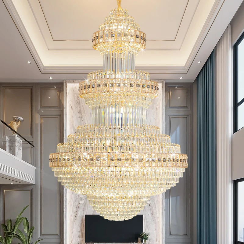 Double-storey House Living Room Chandelier Hollow And Luxurious Modern And Retro Crystal Lamp-style Multi-story Villa Hall Light