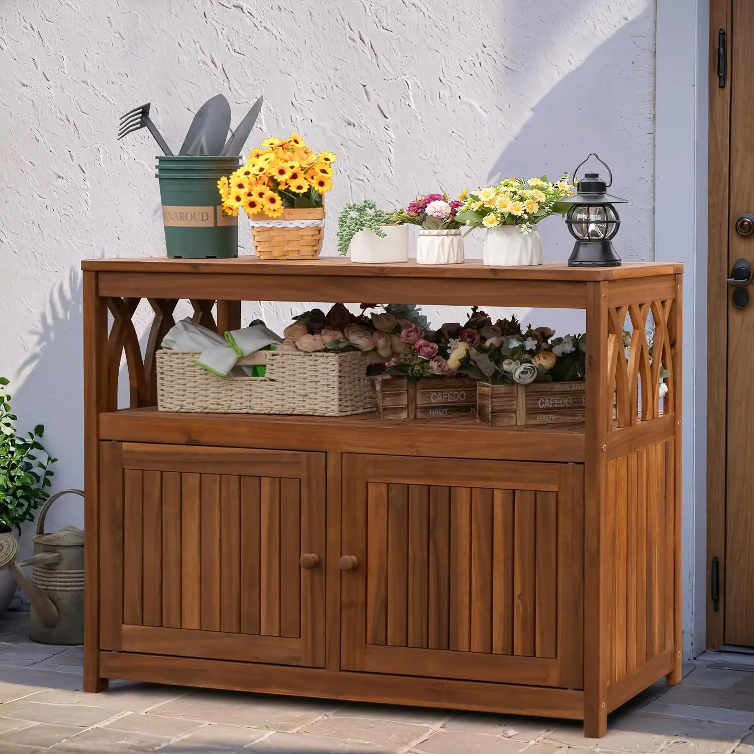 2-Tier Outdoor Storage Cabinet in Acacia Wood, with 2 Magnetic Doors, for Garden, Picnic, Buffet, TV Stand, or Bar Table, Brown