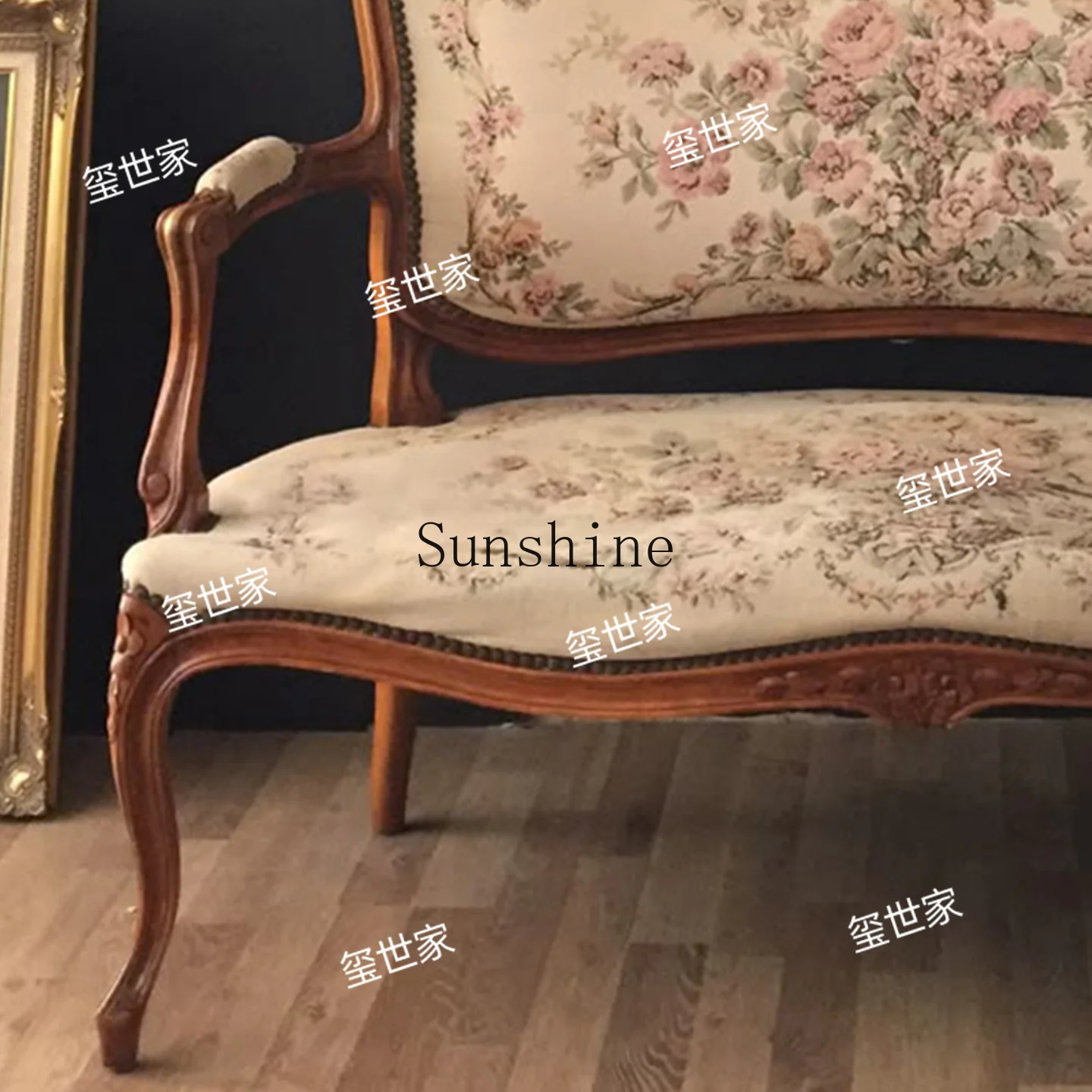 American retro carved solid wood sofa small apartment living room three-person printed fabric, leisure chair