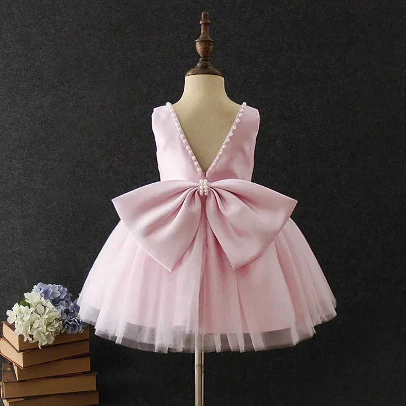 New Girls Princess Dress Backless Beading Big Bow Girls Wedding Dress 1st Birthday Baptism Gown 1-5 Years Kids Clothes