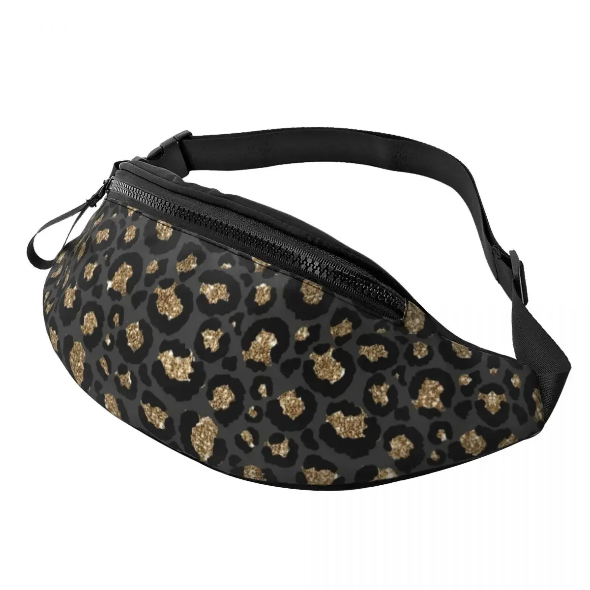 

Custom Black Gold Leopard Print Fanny Bag Cheetah Animal Skin Crossbody Waist Pack Men Women Travel Hiking Phone Money Pouch