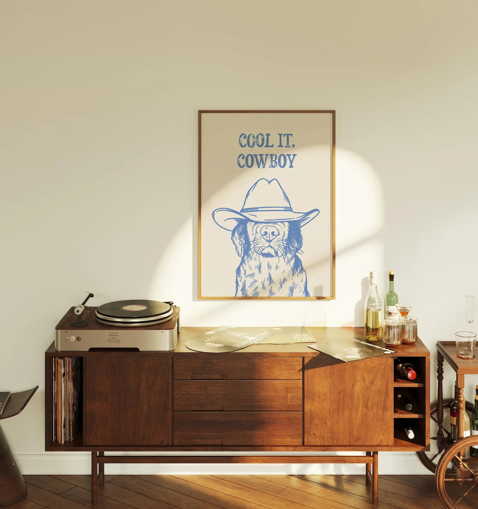 cool it cowboy art print retro print vintage art blue wall art dog western dog print trendy decor digital download
