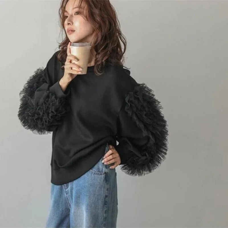 فضفاضة تناسب جولة Ne Long Sve هوديي المرأة الكورية Sle رقيقة الحجاب الدانتيل تقليم قطرة الكتف الخريف الشتاء وصول جديد