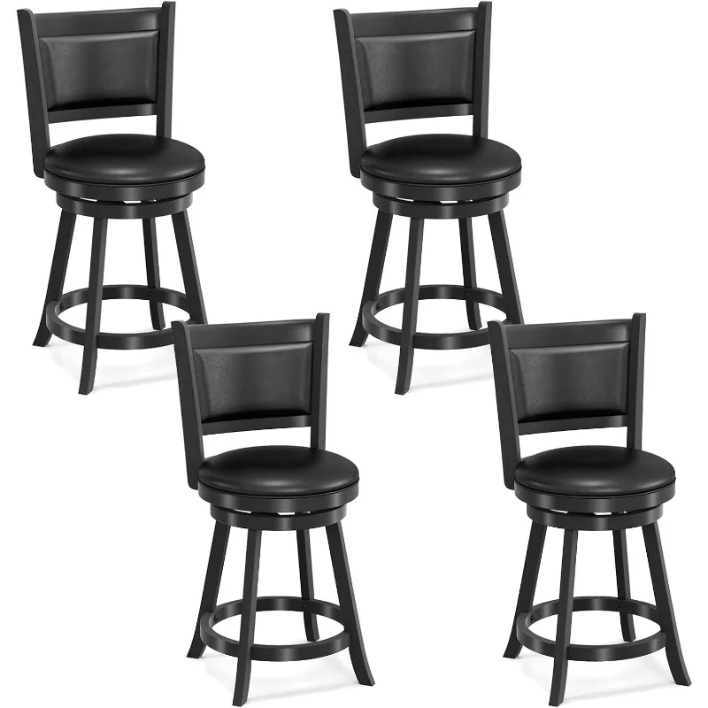 مجموعة مقاعد بار مكونة من 4 قطع، دوارة 360 درجة، مقعد دوار خشبي مقاس 24 بوصة، مقعد بارتفاع، منجد من الجلد