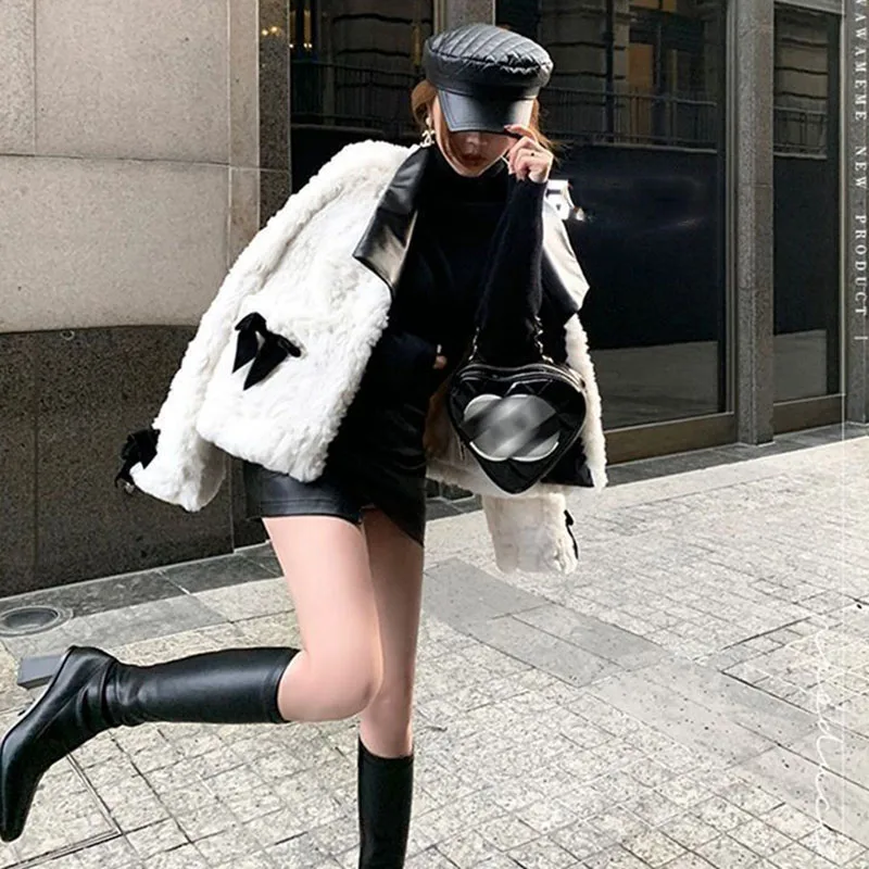 Xpqbb Fashion Short Plush Jacket Women Korean PU Leather Patchwork Turndown Collar Coat Winter New Bow Thick Warm Wool Jackets