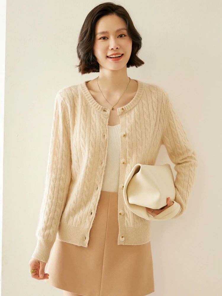 

Women's temperament solid color Fried Dough Twists cashmere cardigan