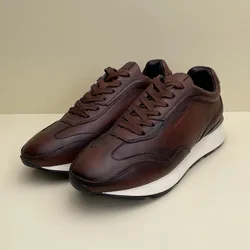 Medainno 2023 Fashion Men New Genuine Leather Round Neck Lacing Shoes Versatile Casual Solid Simple Commute Sneakers Male Chic